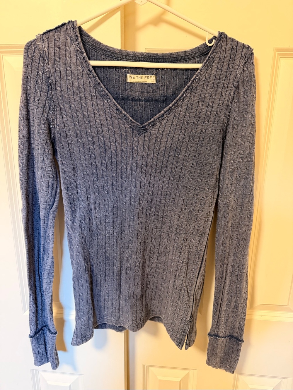 We The Free V-Neck Cable Knit Top in Slate Blue